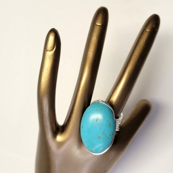 Turquoise Gemstone Ring Adjustable Stainless Steel Band, Handmade Turquoise Ring - Picture 3 of 10